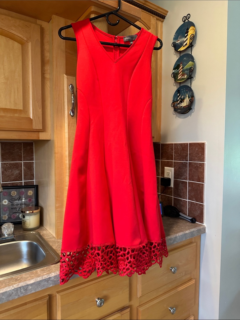 Donna Ricco V-Neck Red Fit-and-Flare Dress with Lace Hem